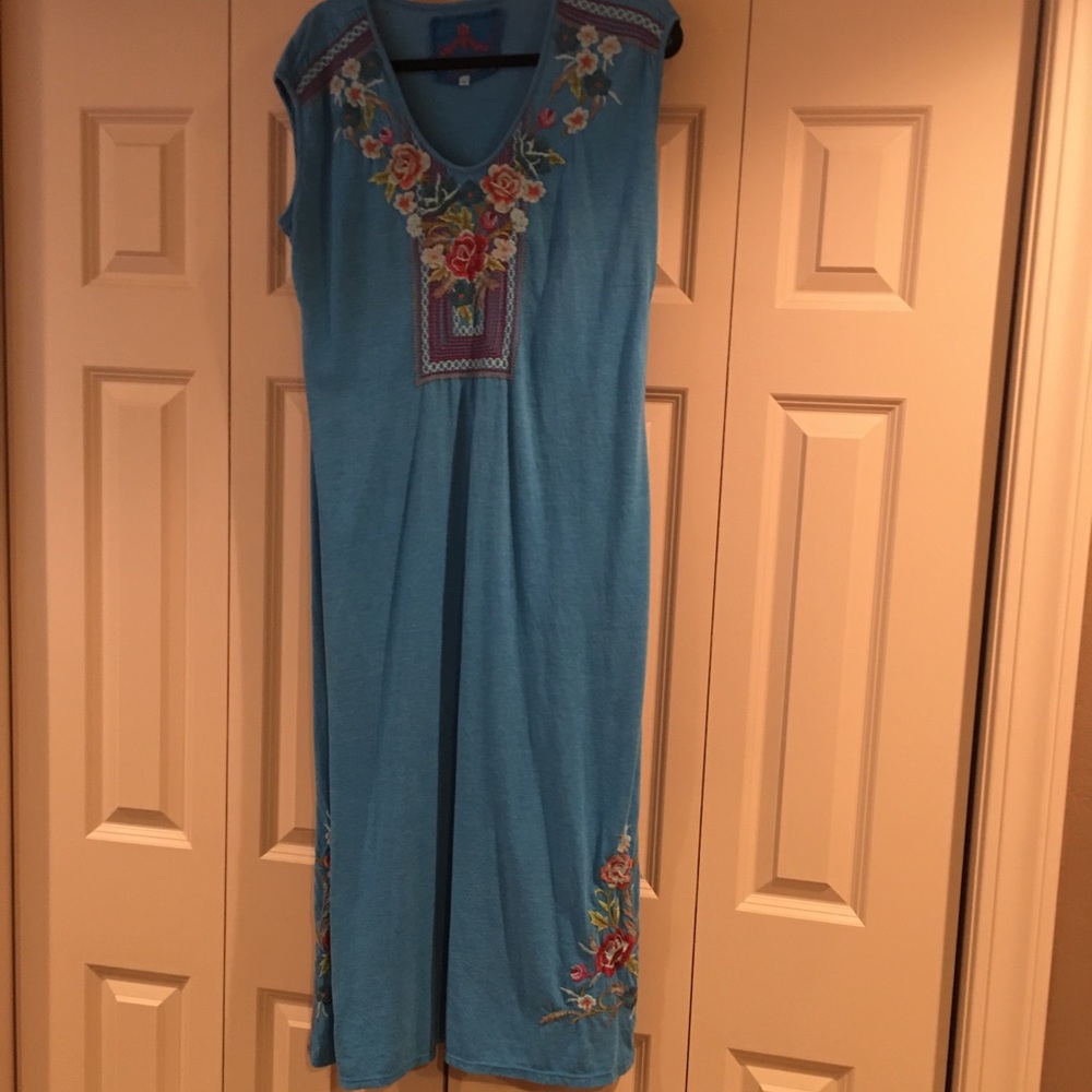 Johnny Was Cotton Blue Embroidered maxi